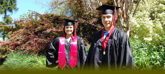 SDSU students Brittany Herrin and Wil Ferrel don sustainable caps and gowns, which are part of Josten's new enviromentallly-friendly line of graduation garb.