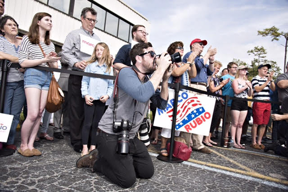 Hodgson photographing a Marco Rubio event in Largo, Florida. Photo credit: Melissa Lyttle.