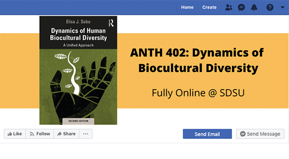 Professor Elisa Sobo is utilizing Facebook as a means of communication to post news and analysis for the course Anthropology 402: Dynamics of Biocultural Diversity.
