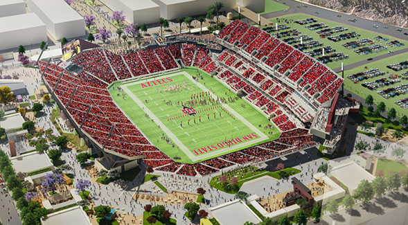 Rendering of San Diego State Universitys new multi-use stadium in Mission Valley.