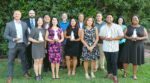 2021 SDSU Presidential Staff Excellence Award recipients (identifications at bottom of article). (Photo: Scott Hargrove)