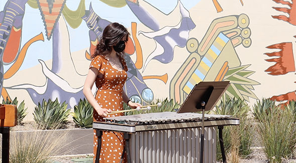 Percussion music minor Lindsay Sackin performed at the Arts Alive SDSU Winds of Change concert at the SDSU Native and Indigenous Healing Garden in April 2021.