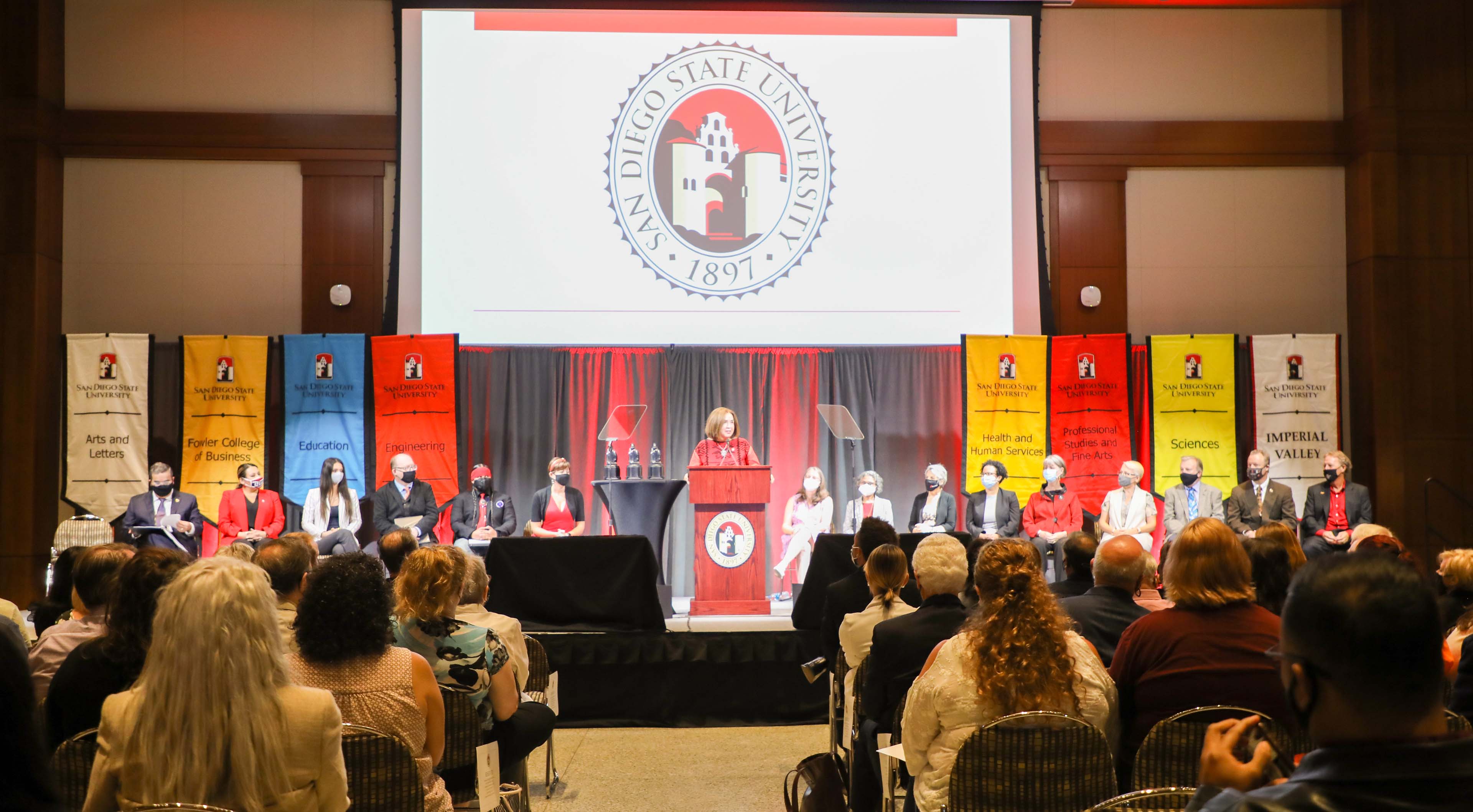SDSU President Adela de la Torre spoke at the All-University Convocation on Aug. 19, 2021. (Photo: Scott Hargrove)