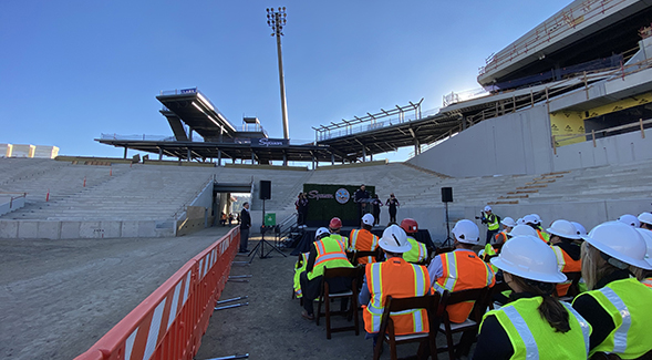 Spectators attended an announcement of a partnership agreement with the Sycuan Band of the Kumeyaay Nation at the Aztec Stadium construction site. At upper left, a section of the future Sycuan Piers.