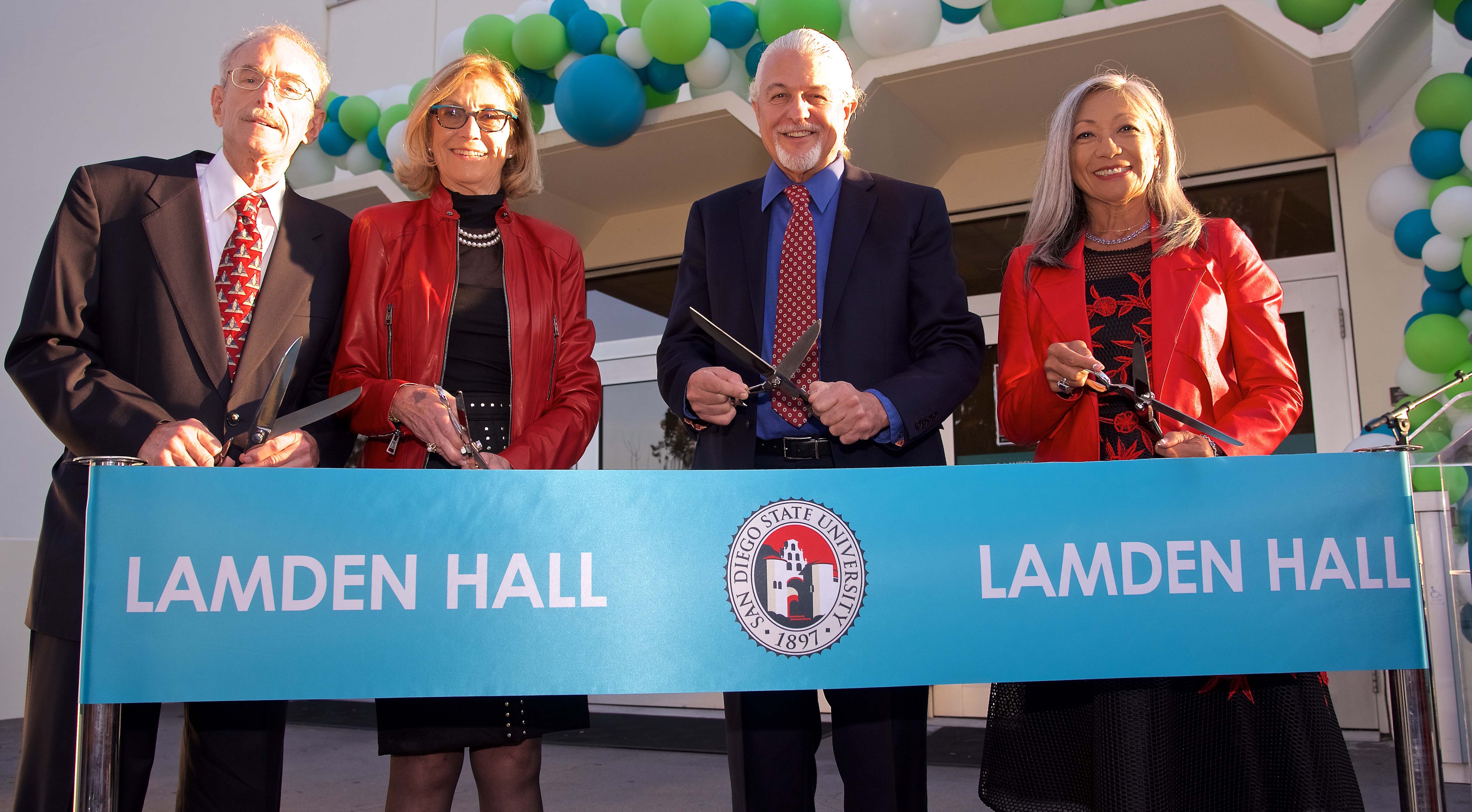 SDSU dedicated its newly renamed Lamden Hall in a ceremony Wednesday. From left, family members Randy Corby, Carol Lamden-Corby, Bill Lamden and Evelyn Lamden. (Photo: Carol Sonstein)