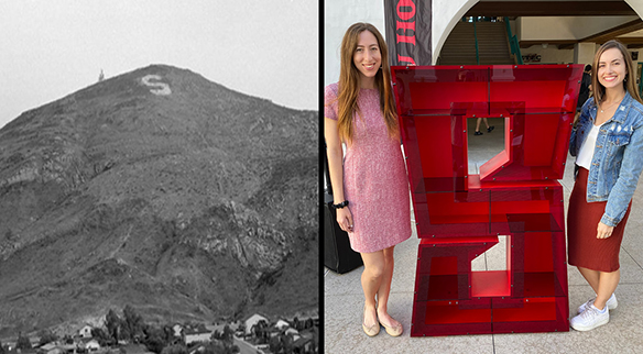 Left: A historic view of S Mountain. Right: Chelsea Lombrozo (left) and Michelle Halverson of SDSU Student Life and Leadership stood next to an S symbol to be displayed for homecoming.