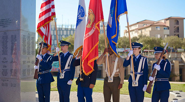 Students from SDSU's ROTC programs participated in a 2019 Veterans Day tribute at the SDSU War Memorial.