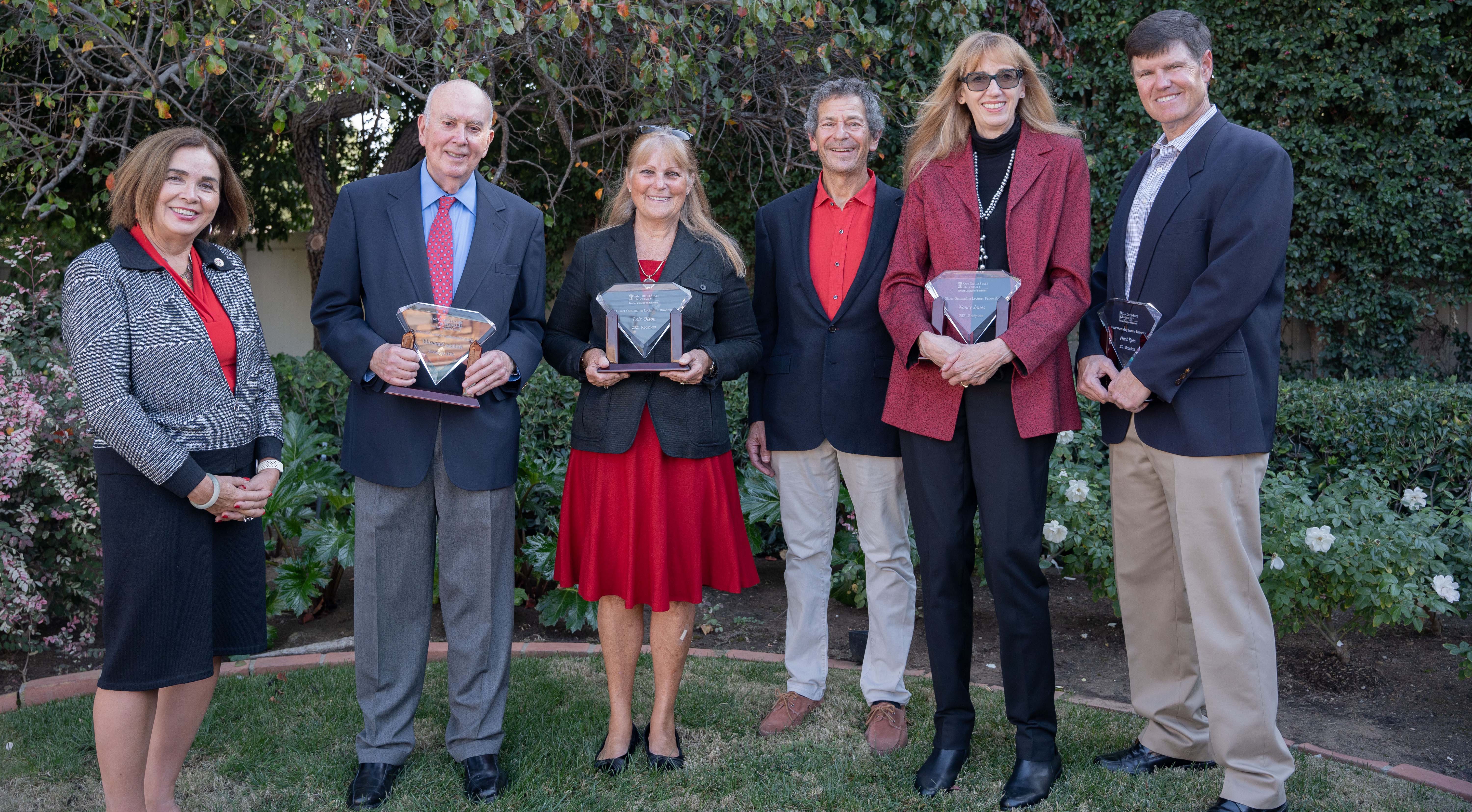 Gathering for a reception (from left): SDSU president Adela de la Torre, William Sannwald, Lois Olson, endowment donor Jeff Glazer, Nancy Jones and Frank Ryan. (Not pictured: Kelly Shaul)