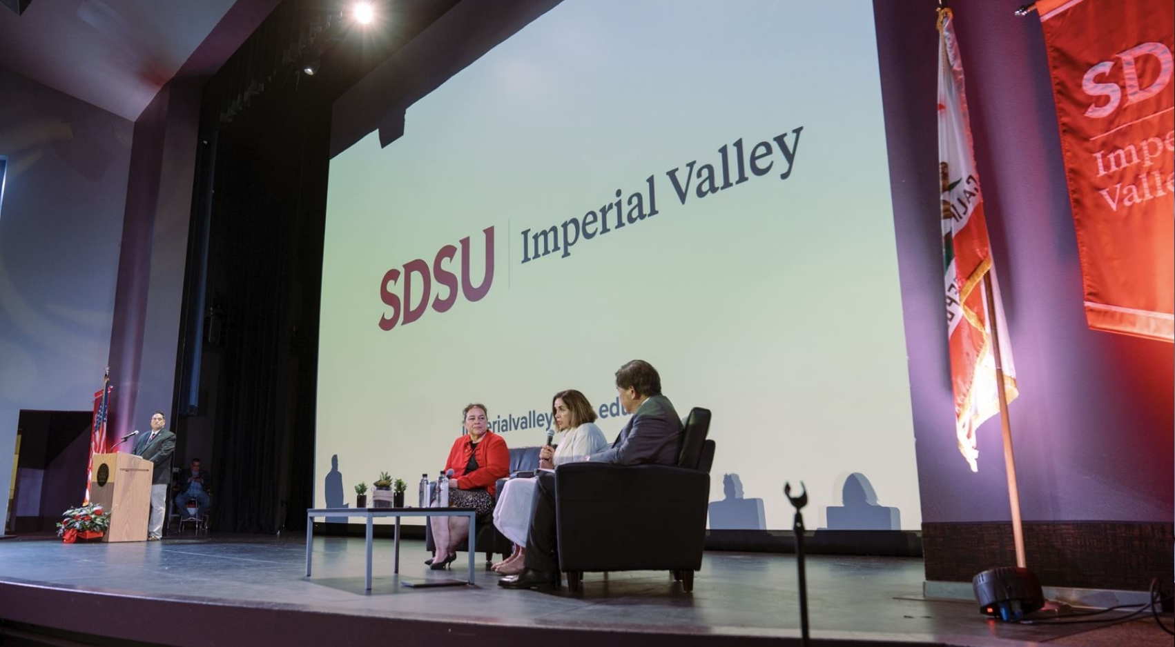 SDSU Imperial Valley dean Guillermina Gina Nez-Mchiri (left), SDSU President Adela de la Torre, and SDSU Vice Provost William Tong speak at a town hall in El Centro, Calif. on Aug. 9, 2022.