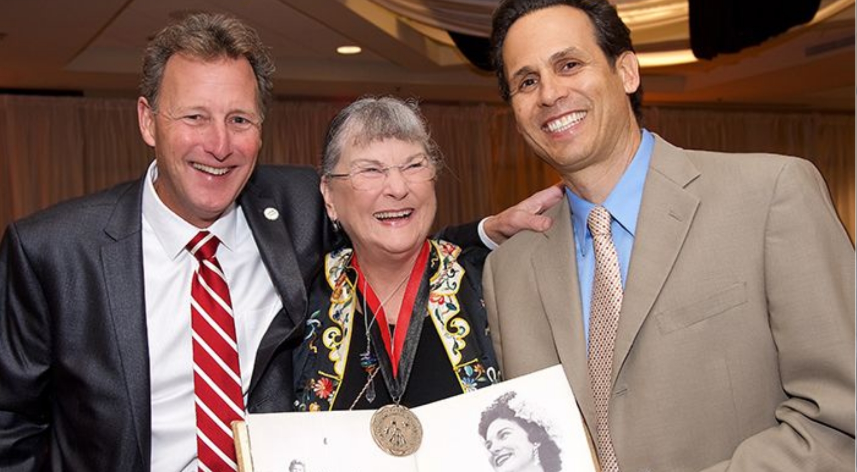Jim Herrick (left) with SDSU's 1955 Homecoming Queen A. K. Jones ('56) and Anthropology Professor Seth Mallios (right) during the university's 125th anniversary celebration.