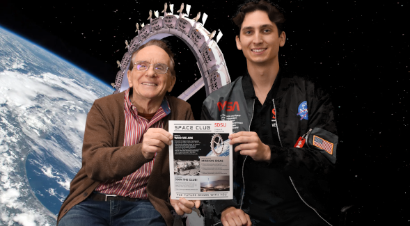 Mauro Pierucci (left) and Justin Lynch pose with an SDSU Space Club flyer. (Photo: Jenna Dorr)