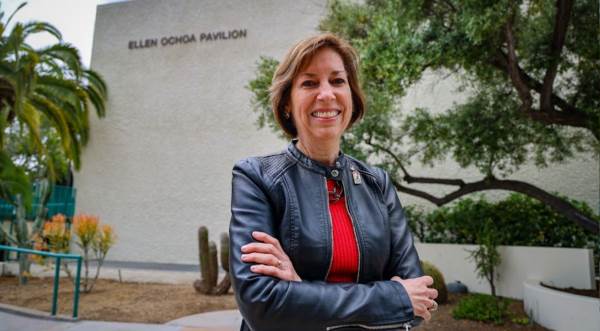 Ellen Ochoa is photographed outside the newly named Ellen Ochoa Pavilion, formerly West Commons, at SDSU on Friday, May 5, 2023. (Rachel Crawford / SDSU)