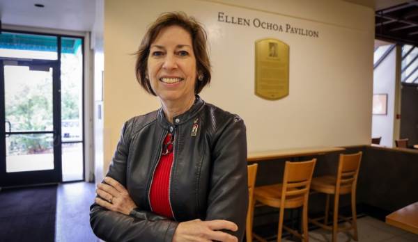 Ellen Ochoa is photographed inside the Ellen Ochoa Pavilion, formerly West Commons, at SDSU, May 5, 2023. (Rachel Crawford / SDSU)