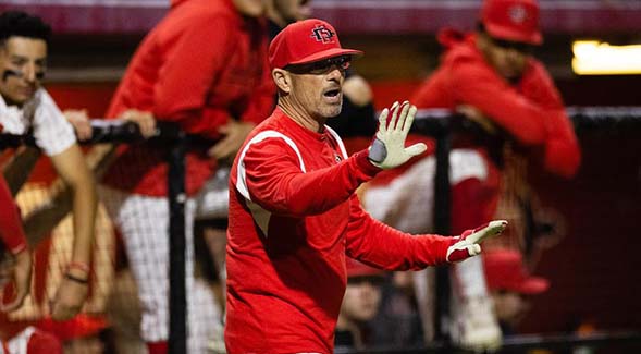 Baseball head coach Mark Martinez gestured toward the team during  game at SDSU's Tony Gwynn Stadium.