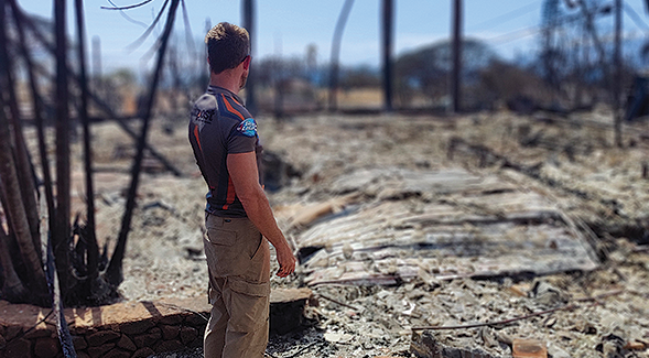 Travis Miller's home was destroyed by fire in Lahaina, Hawaii. He was employed by SDSU alumna Tierra Sierra Gosin who used Miller's home to store inventory. (Photo courtesy of Fabian Gosin)