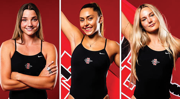 (From left) Meredith Smithbaker, Valentina Lopez Arevalo and Reka Nyiradi earned conference accolades this week after SDSU's second-place tournament finish and a dual-meet victory over Pepperdine.