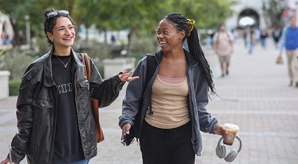 SDSU was selected as a Diversity Champion by INSIGHT Into Diversity. In the image above, two students strolled along Campanile Walkway. (Photo: Sandy Hufaker)