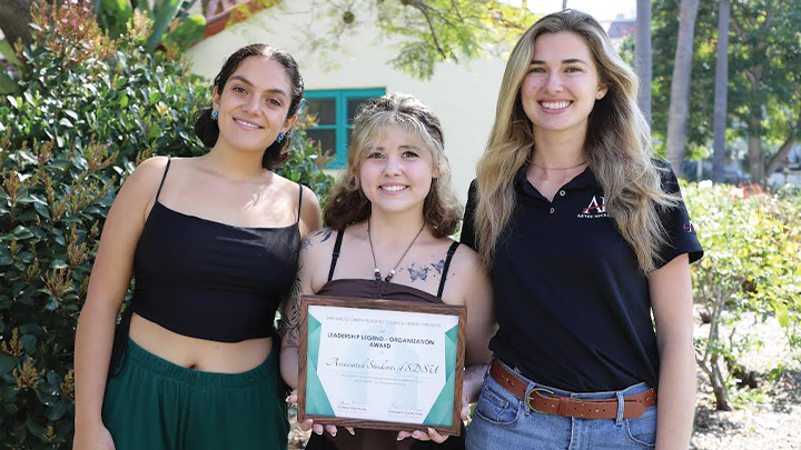 Members of SDSU Associated Students are photographed with the Leadership Legend award from the San Diego Green Building Council. 