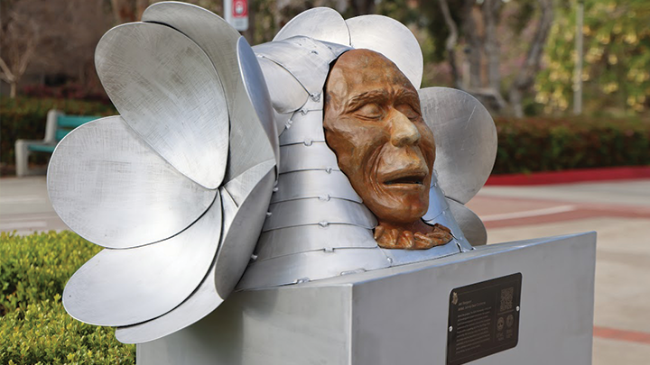 A sculpture of SDSU's Living Land Acknowledgement project, located at Hepner Hall.