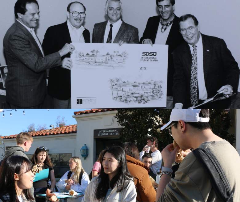 A composite photo of SDSU's International Student Center past and present