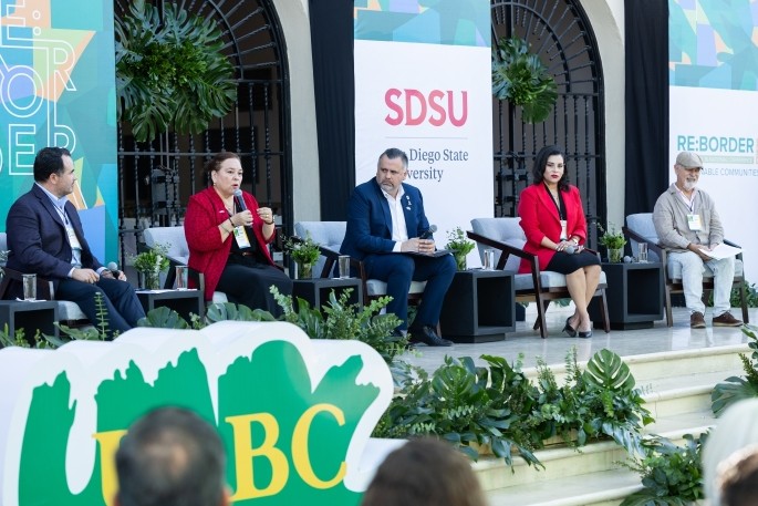 Gina Nunez, dean of San Diego State University's Imperial Valley campus, makes a powerful point during the keynote  panel of the 2025 Re:Border Conference in Mexicali, Mexico