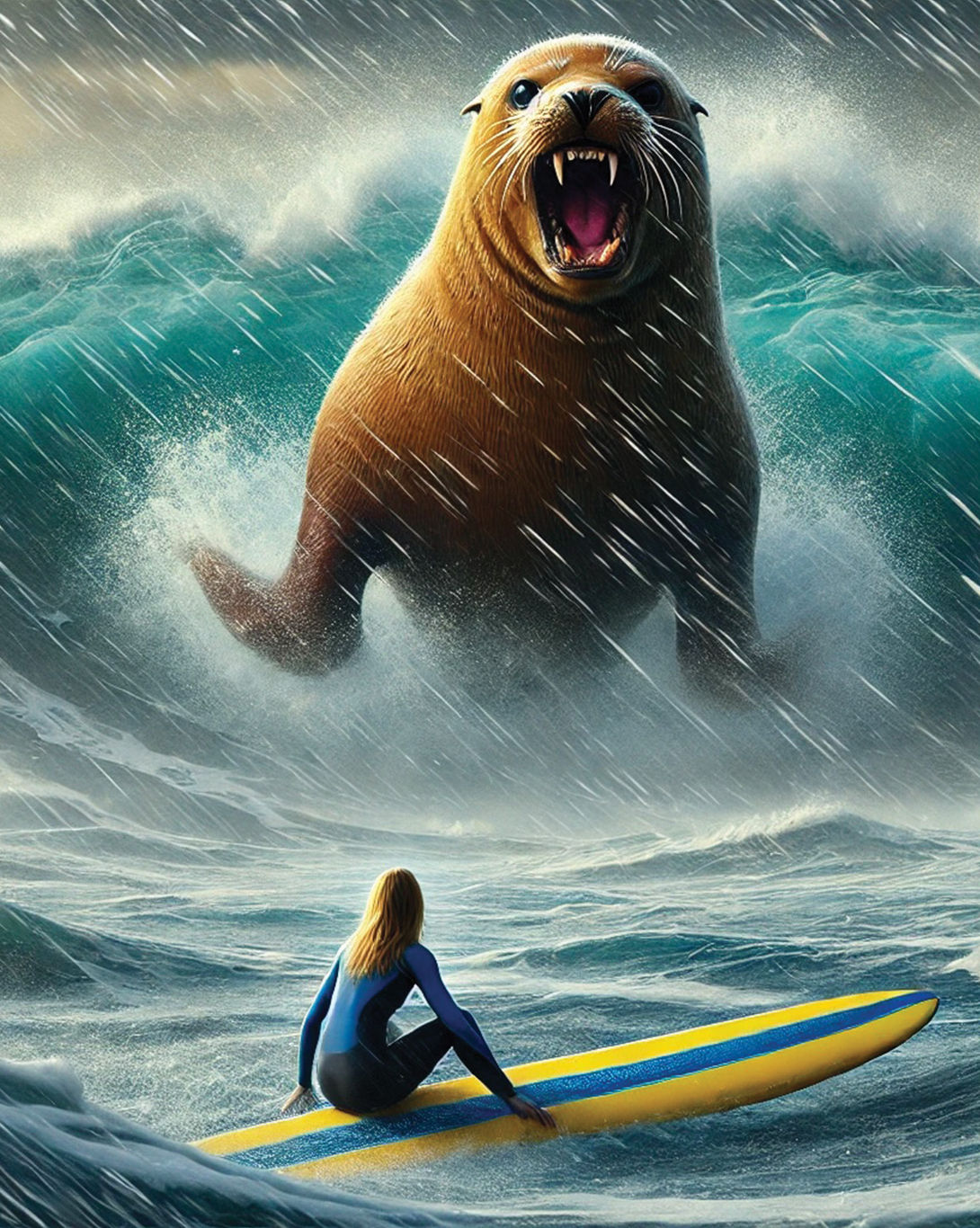 AI-generated image of a sea lion and a surfer