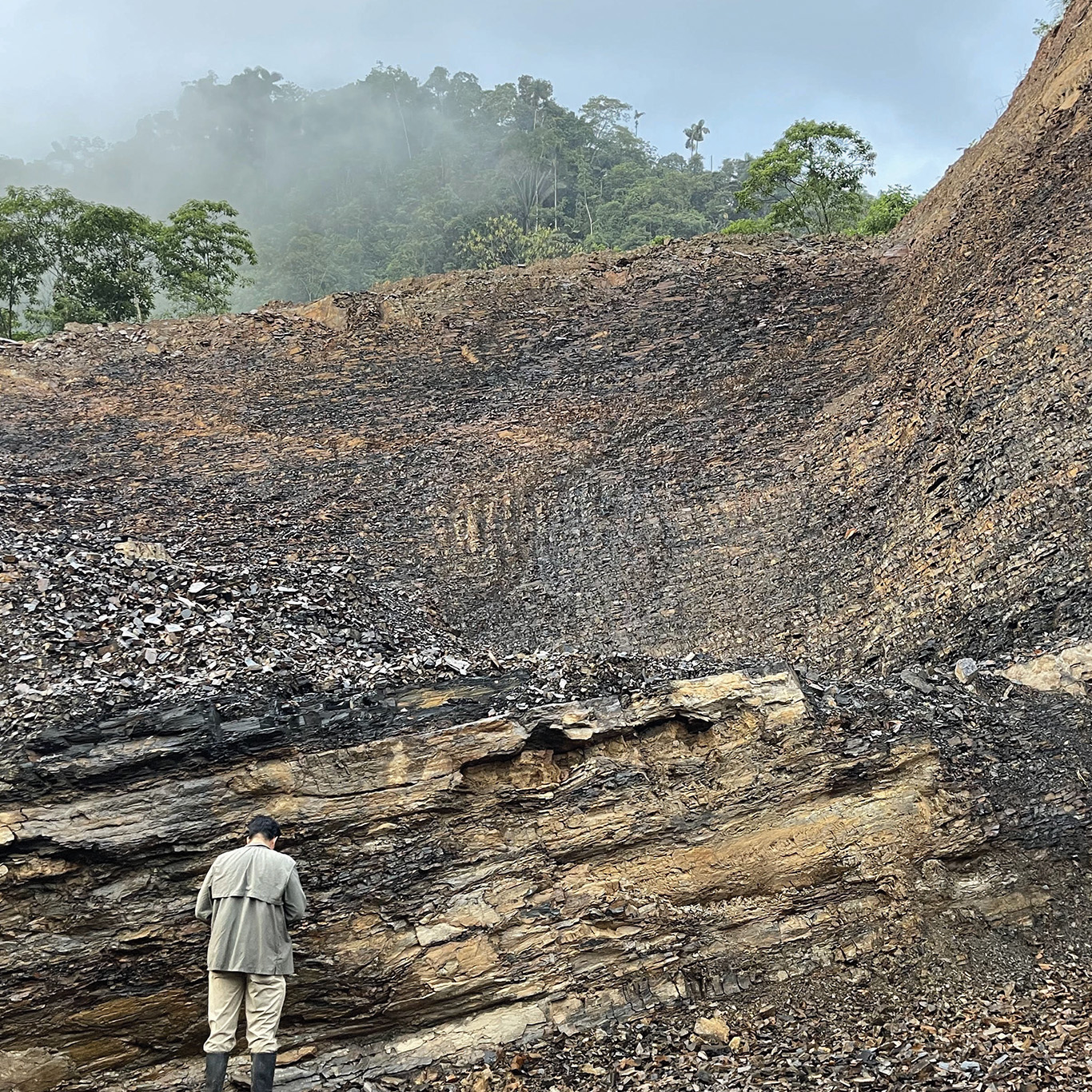 Researchers examining an outcrop in eastern Ecuador