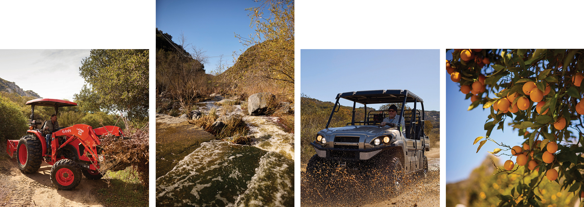 (from left): Bourdon driving a tractor to clear debris, river at the reserve, Bryant driving through mud, an orange tree