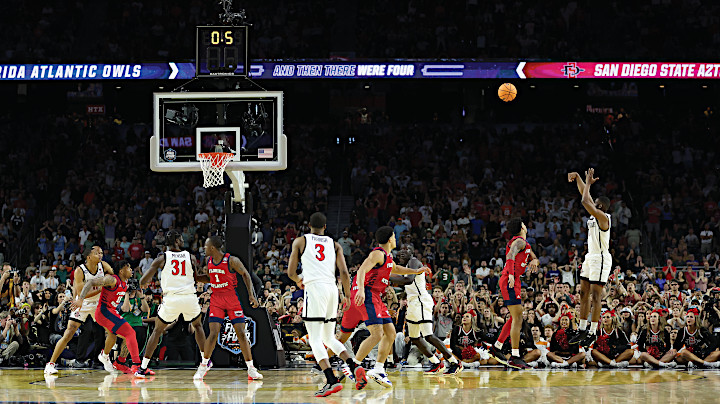 The jump shot that will forever be seared into the memories of Aztec fans. Photograph by Gregory Shamus/Getty Images.