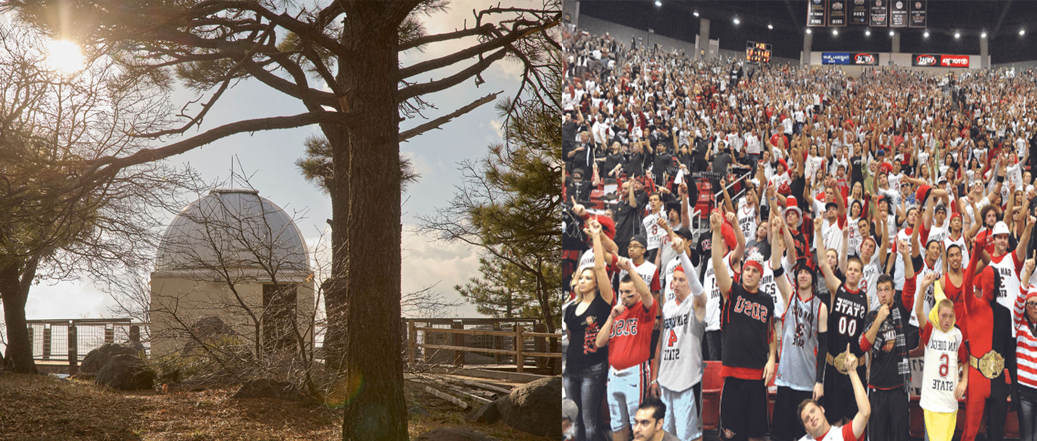 2 images side by side of a crowd and an observatory 