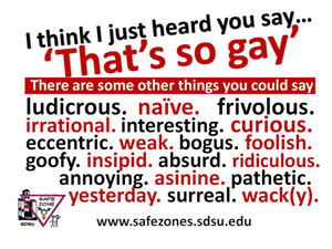 A list of alternative words to gay are displayed on business-sized cards.