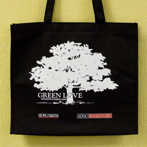 The SDSU Bookstore sells Green Love tote bags made of 100-percent recycled bottles.