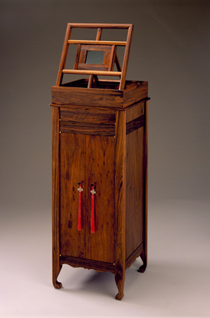 Maruyama's Vanity was featured in American Craft magazine. It is made from Pau Ferro, silk and jade, and features a video.