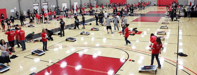 Students attempt to break the baggo world record in the Aztec Recreation Center.