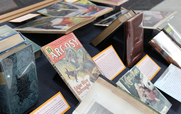 Literature on display in Love Library's Donor Hall as part of the new exhbit, Strange Data, Infinite Possibilities.