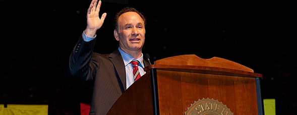SDSU President Elliot Hirshman addresses faculty and staff at the 2012 All-University Convocation. Photo by Carol Sonstein