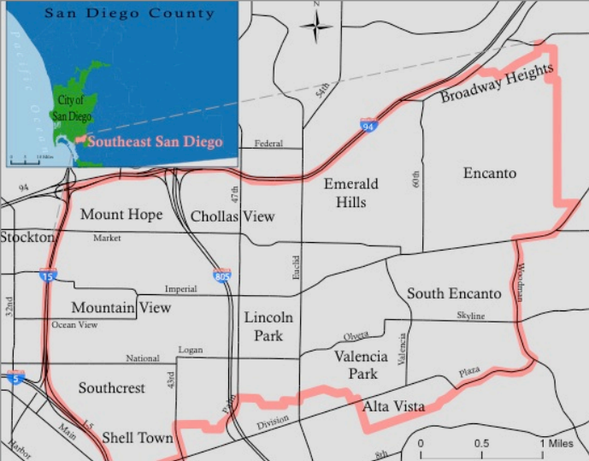 The bounded region indicates where SDSU geographers audited the food options available at local shops and restaurants. Map designed by Emanuel Delgado.