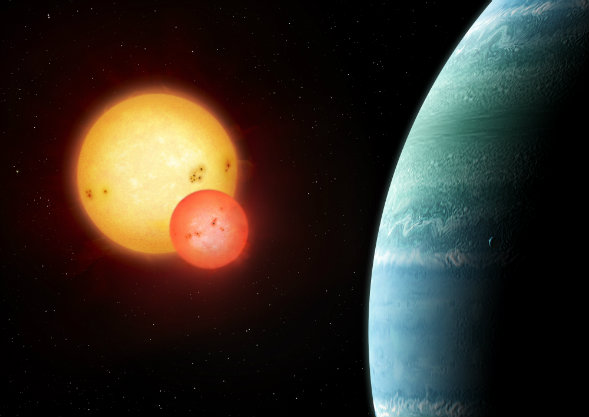 The newly discovered planet (right) orbits a pair of suns. Illustration copyright Mark Garlick, markgarlick.com