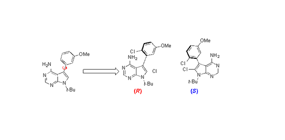 The left-most molecule shows an unstable atropisomer, its axis of chirality shown by the red arrow. The two on the right are stable arrangements.