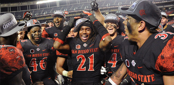 The Aztecs celebrating the Mountain West Championship victory.