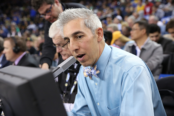 Golden State Warriors PA announcer Matthew Hurwitz ('93) courtside. Photo courtesy of Golden State Warriors