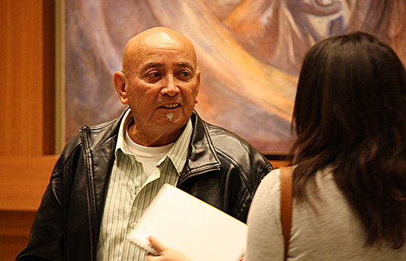SDSU alumnus and muralist Guillermo Aranda painted the feathered serpent and many other images on several Chicano Park murals.