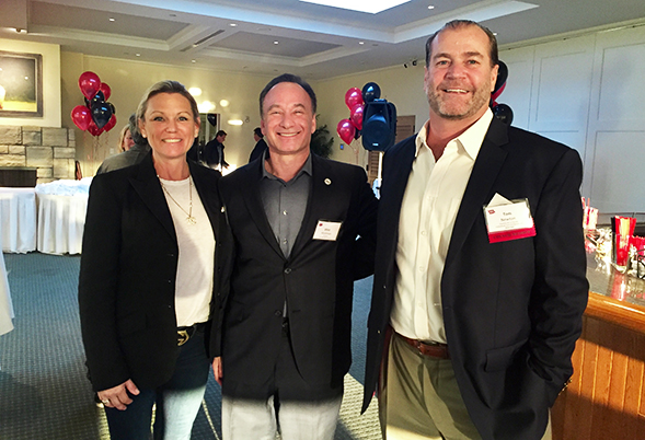 Lisa (left) and Tom Newton, ('90), with President Hirshman (center) on Jan. 25, 2017 in Atherton, Calif. (Credit: Tom and Lisa Newton)