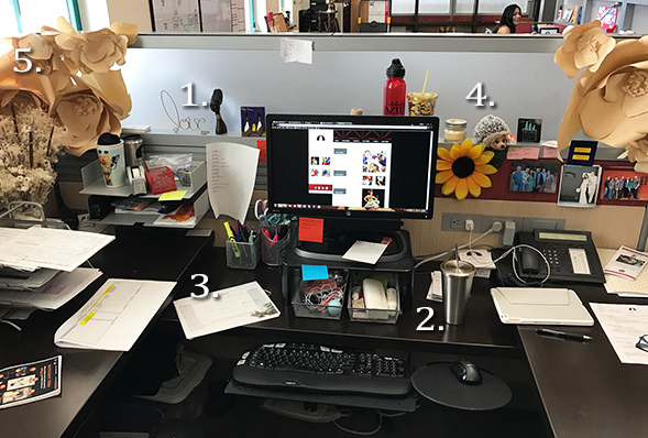 The desk of Veronica Perondi, programs coordinator for the Conrad Prebys Aztec Student Union.