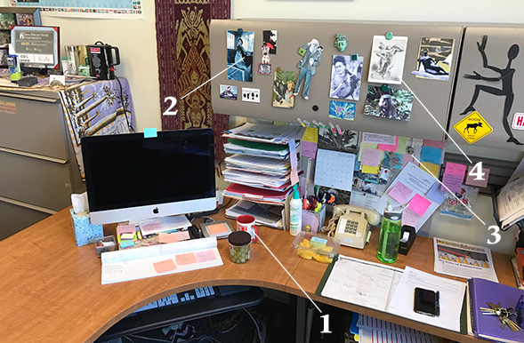 The desk of Erin Riley, SDSU anthropology professor and graduate advisor.