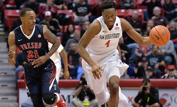 SDSU guard Dakarai Allen dribbles past a Fresno State defender. (Photo: Ernie Anderson)