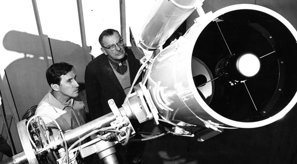 Dr. Burt Nelson (left) and Dr. Clifford Smith at the Mount Laguna Observatory. (Credit: SDSU Special Collections)