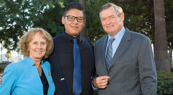 From left to right: SDSU President Sally Roush, Alejandro Arias and CSU Chancellor Timothy P. White