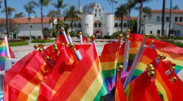 Pride Flags in front of Hepner Hall