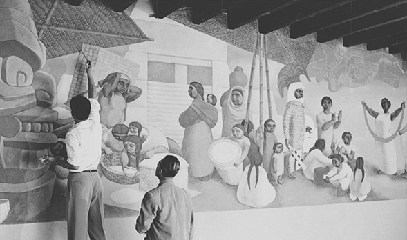 Robert Hugenberger painting his Market mural under the supervision of SDSU art professor Lowell Houser in 1949. (Courtesy: K. Lyle Hugenberger)